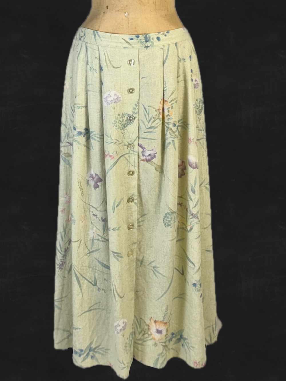 VINTAGE botanical linen earthy skirt long maxi button front floral elastic waist